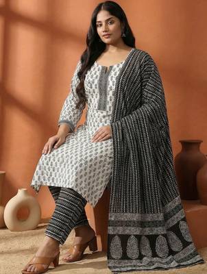 Women Plus Size Printed Regular Pure Cotton Kurta with Trousers & With Dupatta 1