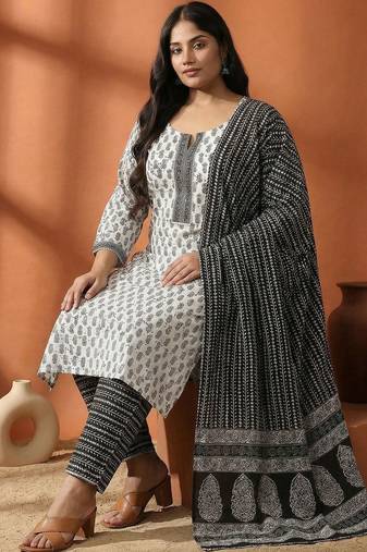Women Plus Size Printed Regular Pure Cotton Kurta with Trousers & With Dupatta