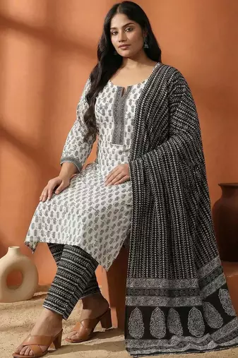 Women Plus Size Printed Regular Pure Cotton Kurta with Trousers & With Dupatta