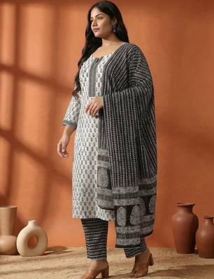 Women Plus Size Printed Regular Pure Cotton Kurta with Trousers & With Dupatta 3