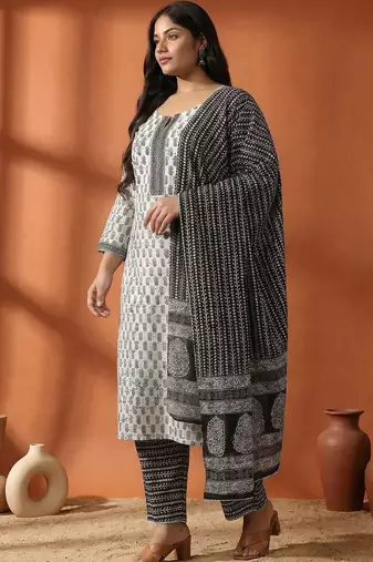 Women Plus Size Printed Regular Pure Cotton Kurta with Trousers & With Dupatta
