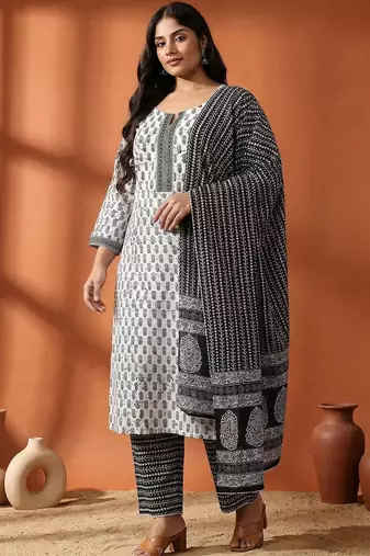 Women Plus Size Printed Regular Pure Cotton Kurta with Trousers & With Dupatta
