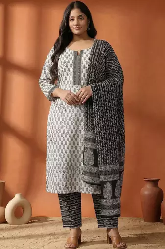 Women Plus Size Printed Regular Pure Cotton Kurta with Trousers & With Dupatta