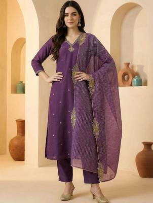 Women Ethnic Motifs Embroidered Regular Thread Work Kurta with Trousers & With Dupatta 1