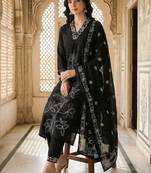 Embroidered Thread Work Pure Cotton Kurta with Trousers & With Dupatta