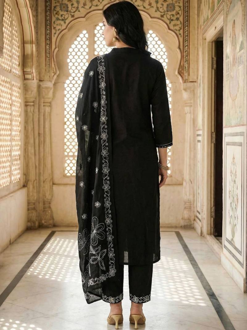 Embroidered Thread Work Pure Cotton Kurta with Trousers & With Dupatta