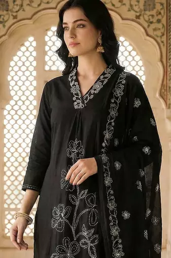 Embroidered Thread Work Pure Cotton Kurta with Trousers & With Dupatta