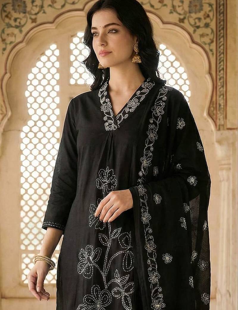 Embroidered Thread Work Pure Cotton Kurta with Trousers & With Dupatta