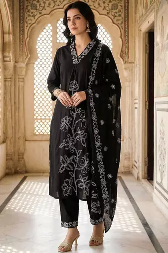 Women Ethnic Motifs Embroidered Regular Thread Work Pure Cotton Kurta with Trousers & With Dupatta