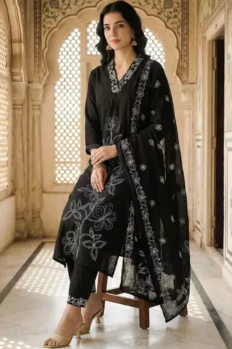 Women Ethnic Motifs Embroidered Regular Thread Work Pure Cotton Kurta with Trousers & With Dupatta