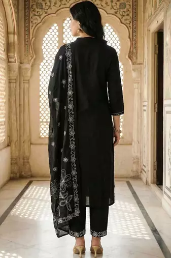 Women Ethnic Motifs Embroidered Regular Thread Work Pure Cotton Kurta with Trousers & With Dupatta