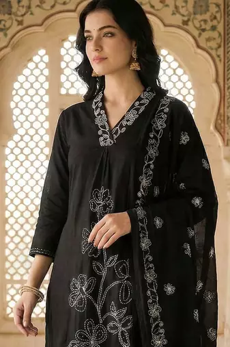 Women Ethnic Motifs Embroidered Regular Thread Work Pure Cotton Kurta with Trousers & With Dupatta