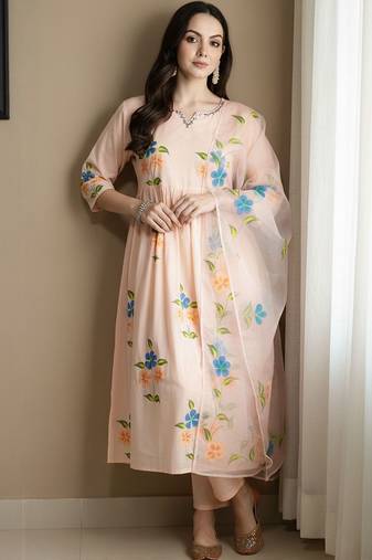 Floral Printed V-Neck Empire Pure Cotton A-Line Kurta With Trousers & Dupatta
