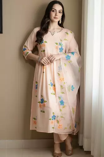 Floral Printed V-Neck Empire Pure Cotton A-Line Kurta With Trousers & Dupatta