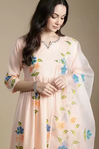 Floral Printed V-Neck Empire Pure Cotton A-Line Kurta With Trousers & Dupatta