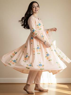 Floral Printed V-Neck Empire Pure Cotton A-Line Kurta With Trousers & Dupatta 3