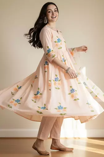 Floral Printed V-Neck Empire Pure Cotton A-Line Kurta With Trousers & Dupatta