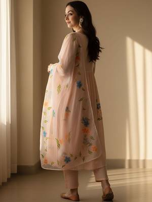 Floral Printed V-Neck Empire Pure Cotton A-Line Kurta With Trousers & Dupatta 4