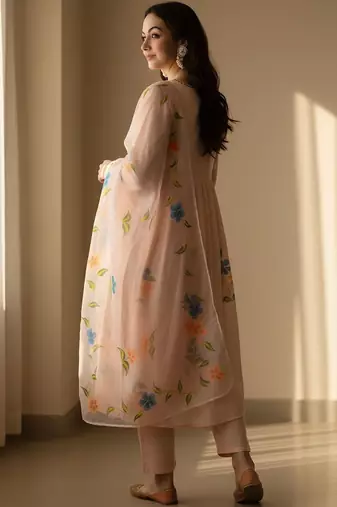 Floral Printed V-Neck Empire Pure Cotton A-Line Kurta With Trousers & Dupatta