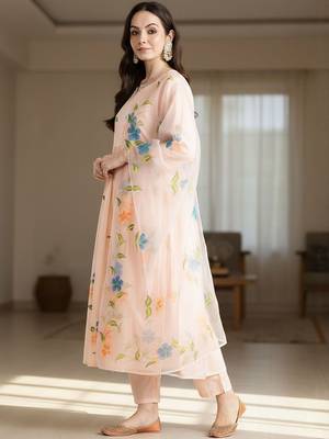 Floral Printed V-Neck Empire Pure Cotton A-Line Kurta With Trousers & Dupatta 5