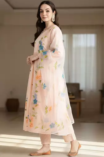 Floral Printed V-Neck Empire Pure Cotton A-Line Kurta With Trousers & Dupatta