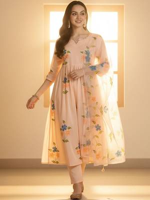 Floral Printed V-Neck Empire Pure Cotton A-Line Kurta With Trousers & Dupatta 6
