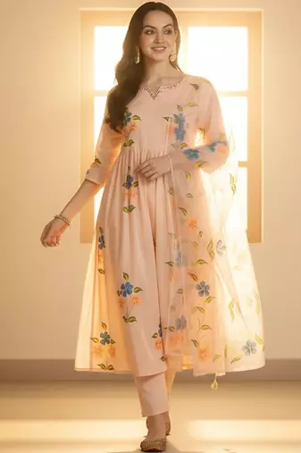 Floral Printed V-Neck Empire Pure Cotton A-Line Kurta With Trousers & Dupatta