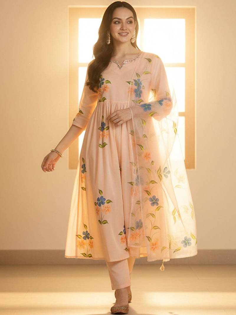 Floral Printed V-Neck Empire Pure Cotton A-Line Kurta With Trousers & Dupatta