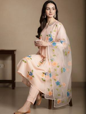 Floral Printed V-Neck Empire Pure Cotton A-Line Kurta With Trousers & Dupatta 7