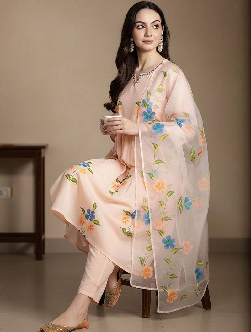 Floral Printed V-Neck Empire Pure Cotton A-Line Kurta With Trousers & Dupatta
