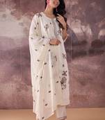 Floral Embroidered Thread Work Straight Kurta With Trousers & Dupatta