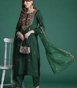 Floral Embroidered Thread Work Kurta with Trousers & With Dupatta