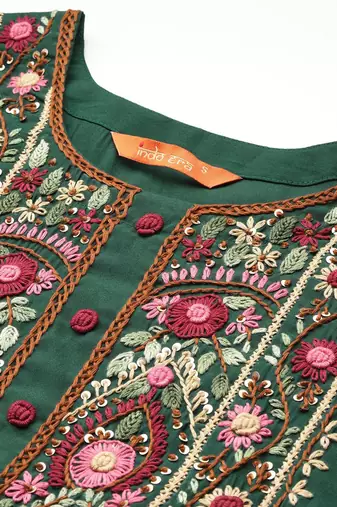 Floral Embroidered Thread Work Kurta with Trousers & With Dupatta