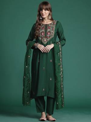 Floral Embroidered Thread Work Kurta with Trousers & With Dupatta 5
