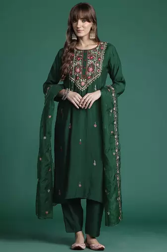 Floral Embroidered Thread Work Kurta with Trousers & With Dupatta