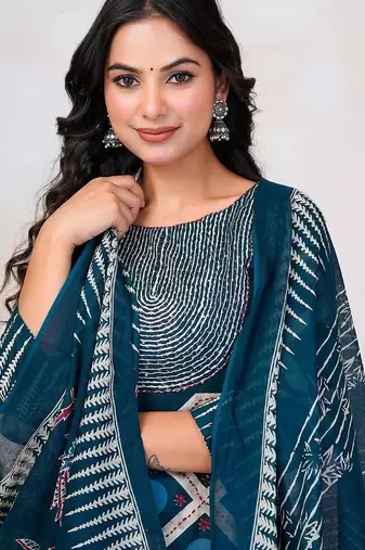 Women Floral Printed Regular Sequinned Pure Cotton Kurta with Trousers & With Dupatta