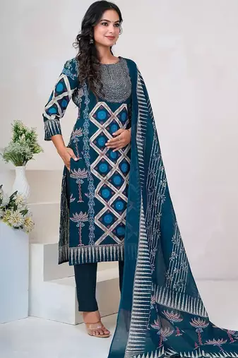 Women Floral Printed Regular Sequinned Pure Cotton Kurta with Trousers & With Dupatta
