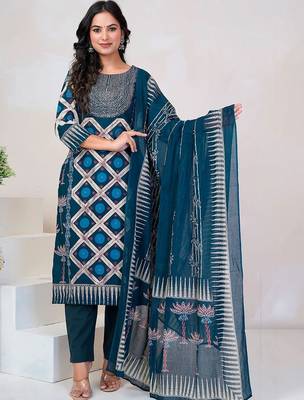 Women Floral Printed Regular Sequinned Pure Cotton Kurta with Trousers & With Dupatta 4