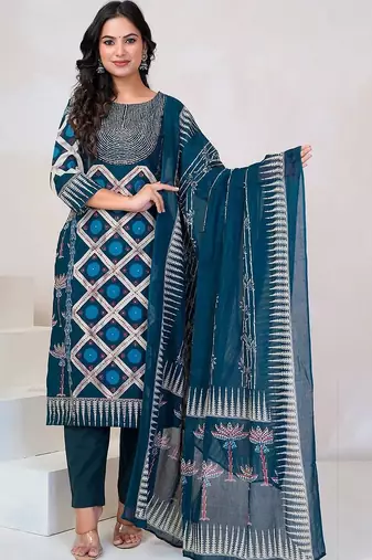 Women Floral Printed Regular Sequinned Pure Cotton Kurta with Trousers & With Dupatta