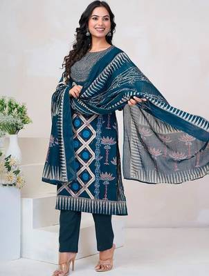 Women Floral Printed Regular Sequinned Pure Cotton Kurta with Trousers & With Dupatta 7