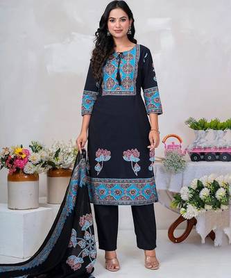 Women Floral Printed Regular Sequinned Pure Cotton Kurta with Trousers & With Dupatta 3