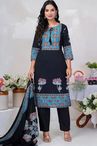 Women Floral Printed Regular Sequinned Pure Cotton Kurta with Trousers & With Dupatta