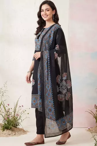 Women Ethnic Motifs Printed Regular Pure Cotton Kurta with Trousers & With Dupatta