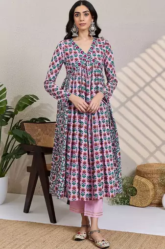 Women Floral Printed Empire Pure Cotton Kurta with Trousers & With Dupatta