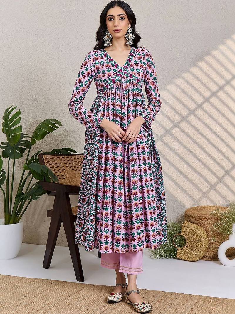 Women Floral Printed Empire Pure Cotton Kurta with Trousers & With Dupatta