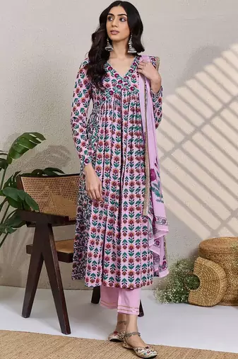 Women Floral Printed Empire Pure Cotton Kurta with Trousers & With Dupatta