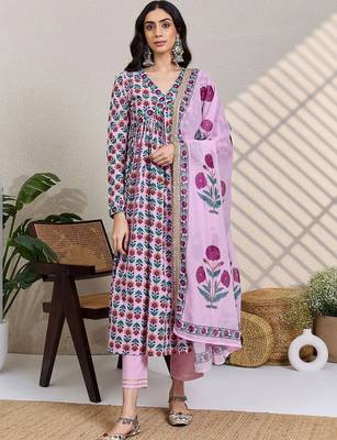 Women Floral Printed Empire Pure Cotton Kurta with Trousers & With Dupatta 5