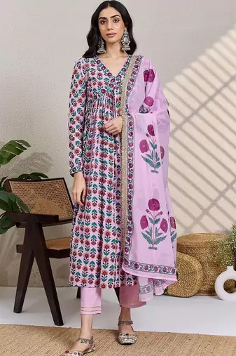 Women Floral Printed Empire Pure Cotton Kurta with Trousers & With Dupatta
