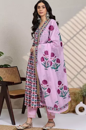 Women Floral Printed Empire Pure Cotton Kurta with Trousers & With Dupatta