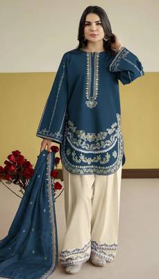 Blue embroidered roman silk semi-stitched palazzo style salwar suit 1